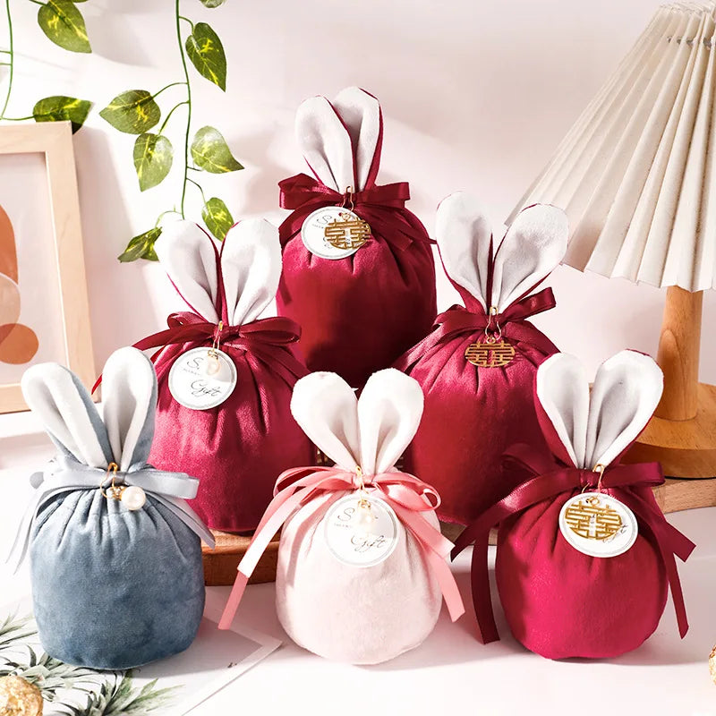 Velvet Easter Bunny Bags Cute Rabbit Candy Packing Valentine's Day Chocolate Candy Bags Wedding Birthday Party Jewelry Organizer