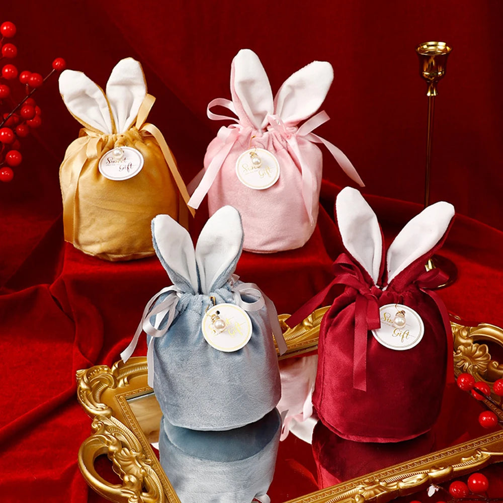 Velvet Easter Bunny Bags Cute Rabbit Candy Packing Valentine's Day Chocolate Candy Bags Wedding Birthday Party Jewelry Organizer