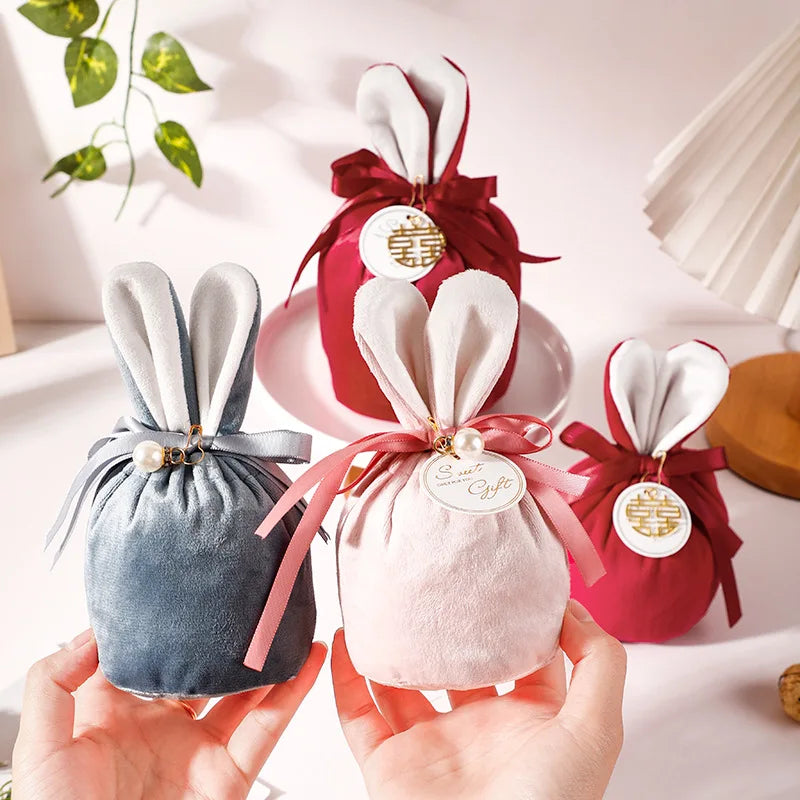 Velvet Easter Bunny Bags Cute Rabbit Candy Packing Valentine's Day Chocolate Candy Bags Wedding Birthday Party Jewelry Organizer