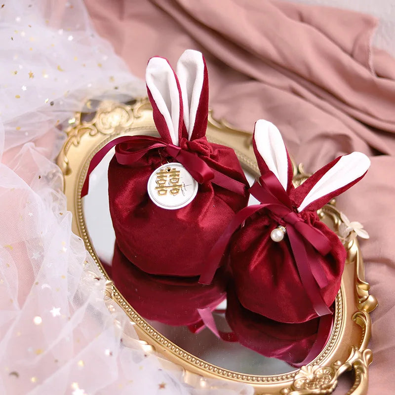 Velvet Easter Bunny Bags Cute Rabbit Candy Packing Valentine's Day Chocolate Candy Bags Wedding Birthday Party Jewelry Organizer