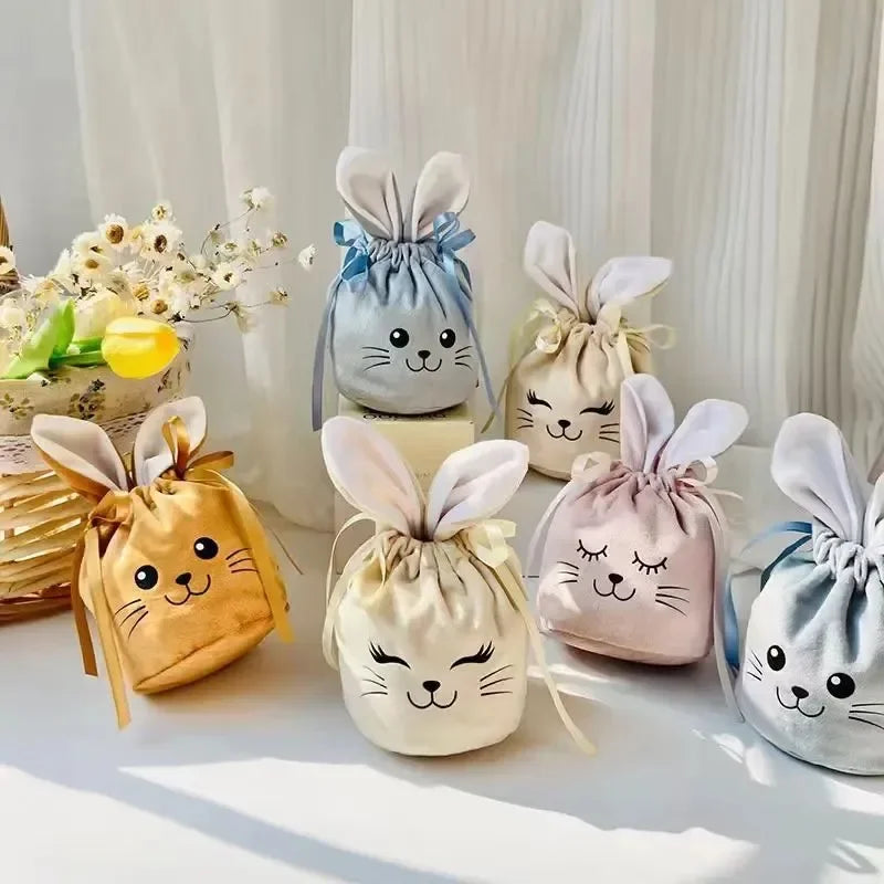 Easter New Rabbit Lucky Bags Flocked Valentine Rabbit Ears Chocolate Gift Bags Wedding Candy Box Easter Decoration Gift Bags